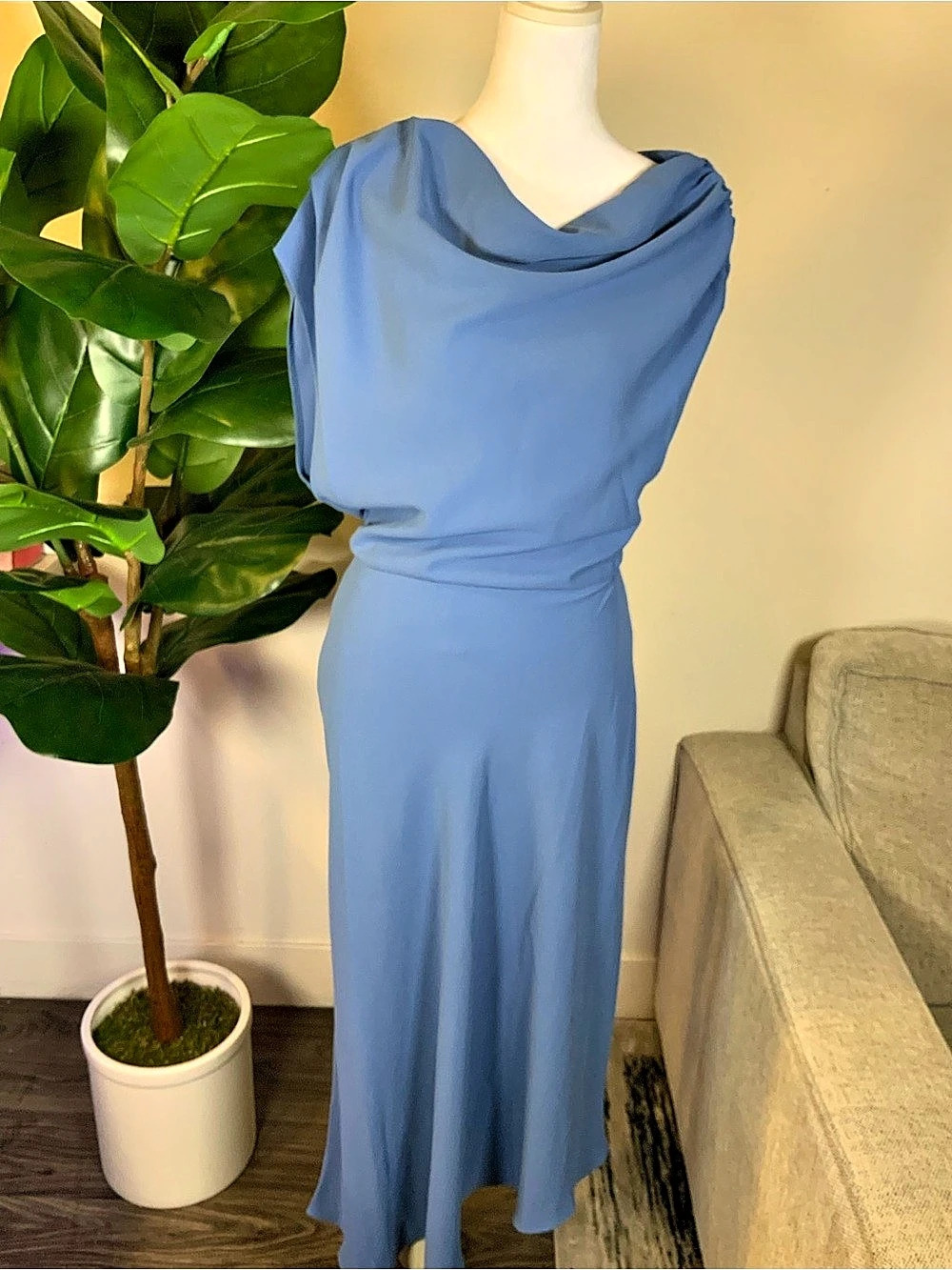 MNG Draped Maxi Dress in Blue Size Medium NWT